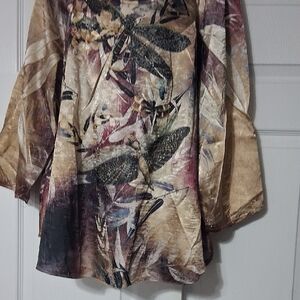Floral Dragonfly  Patterned Blouse with Flowing Sleeves